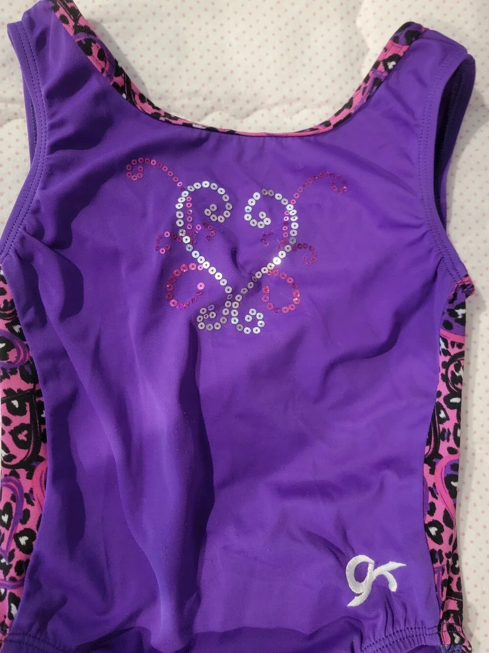 GK Elite Purple Pink Leopard Sequin Gymnastics Leotard Child Medium CM